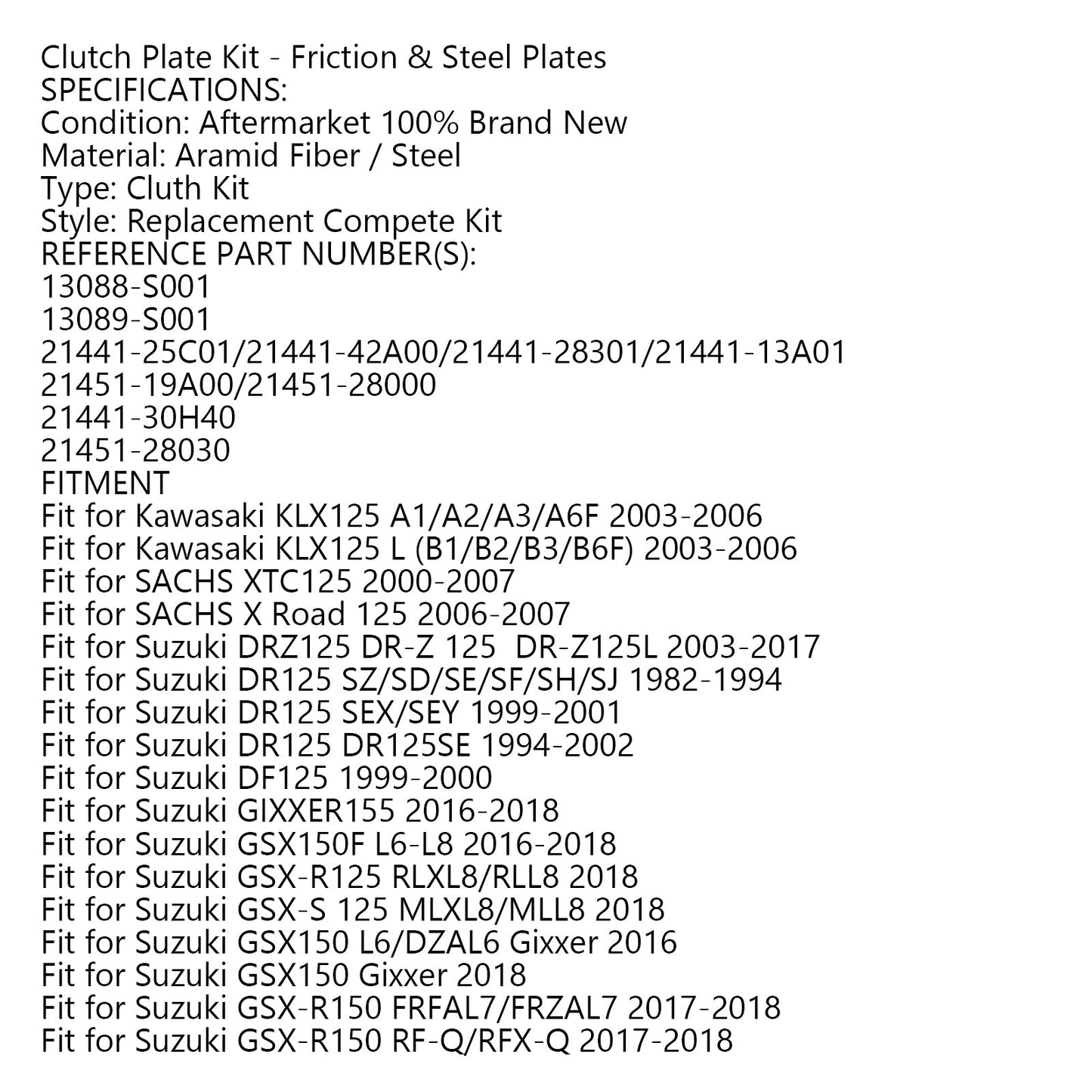 Clutch Plate Kit - Friction & Steel Plates For Kawasaki KLX125 A1/A2/A3/A6F KLX125 L (B1/B2/B3/B6F) 2003-2006