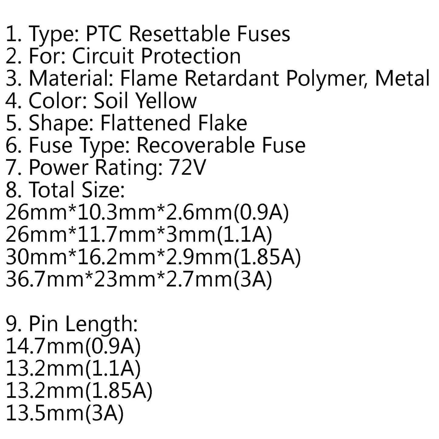 10Pcs PTC Resettable Fuses Thermistor Polymer Self-Recovery Fuses 72V/3A