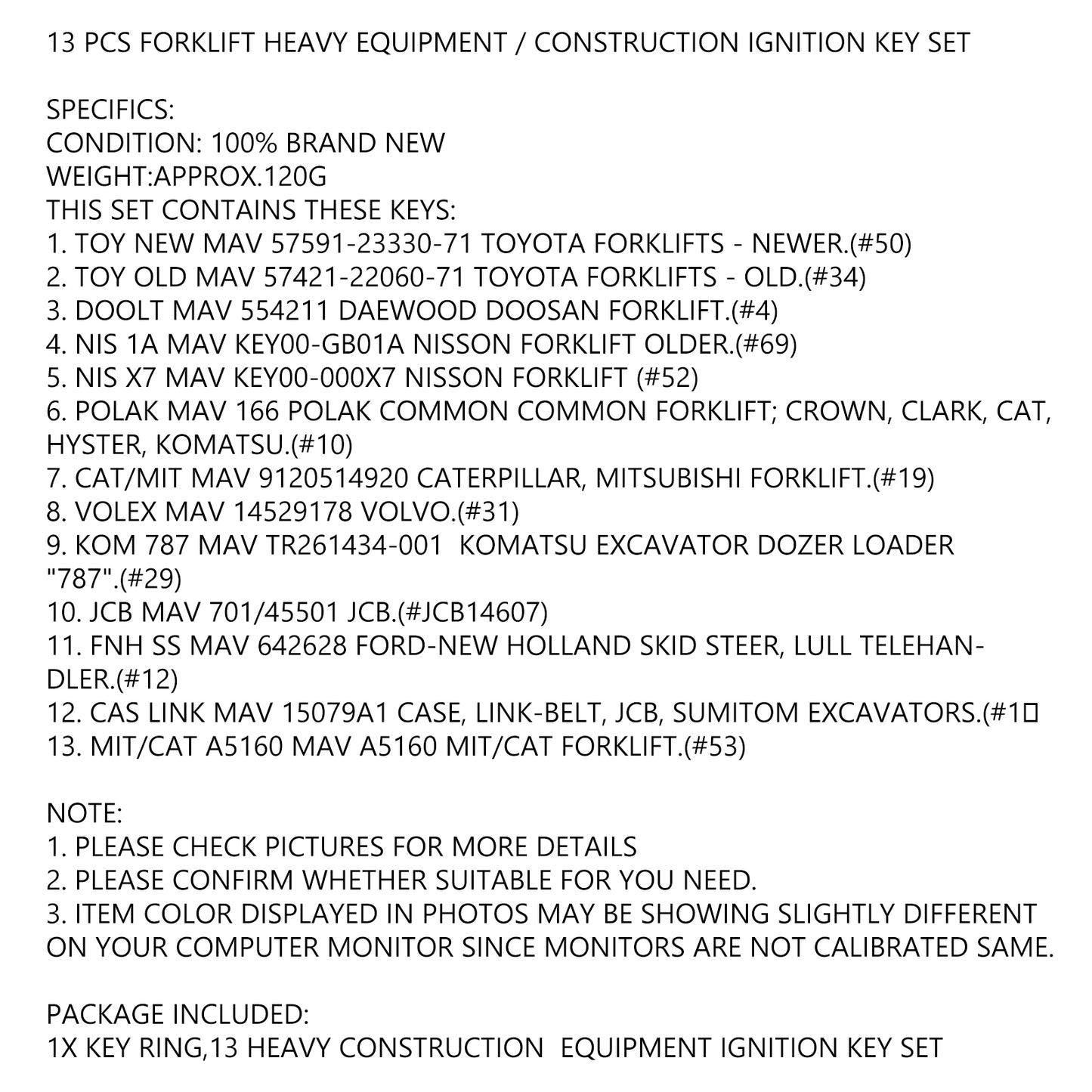13 Pcs Forklift Heavy Equipment Construction Ignition Key Set