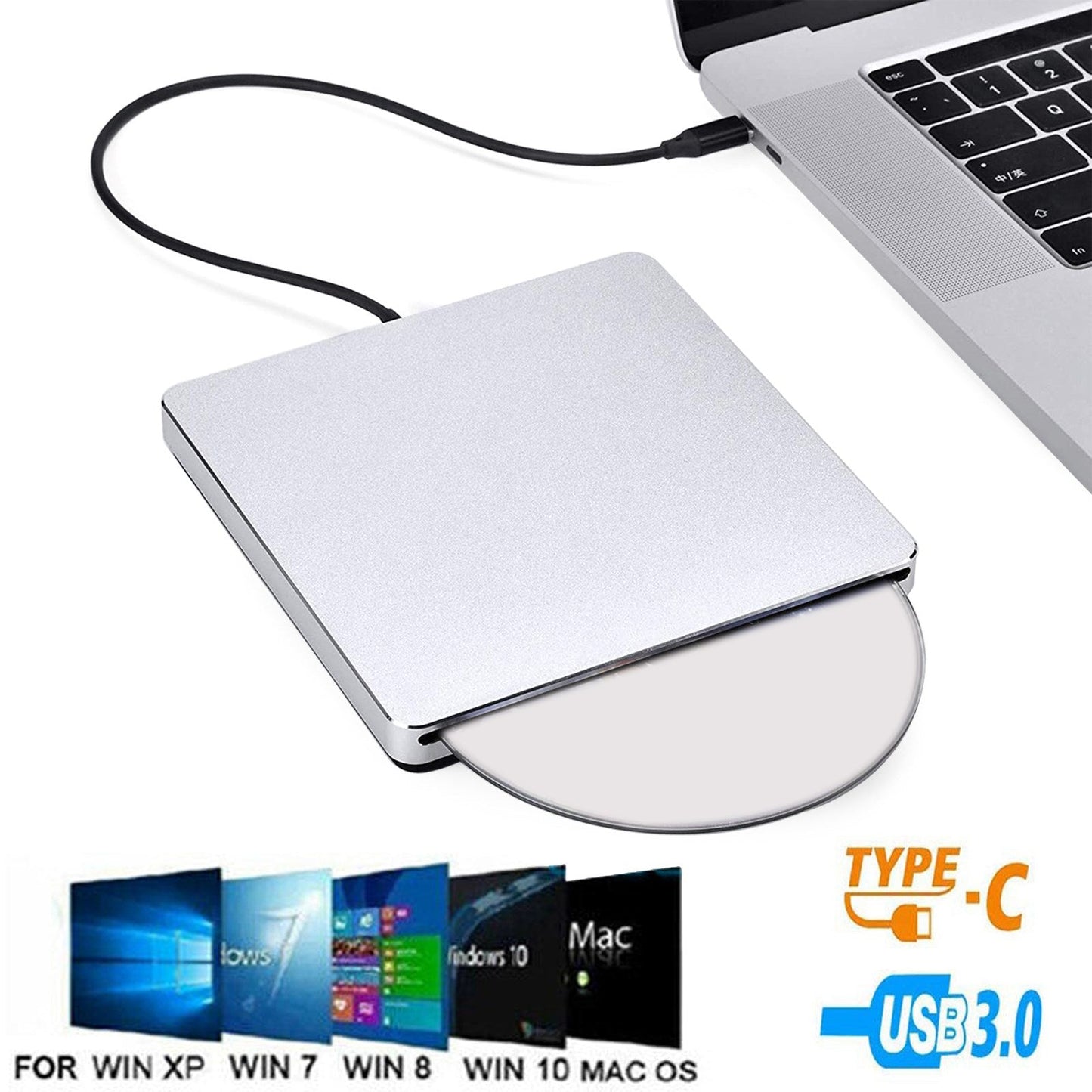 External DVD Drive Type-C USB 3.0 Player Slot-in Burner Writer for Laptop PC Mac