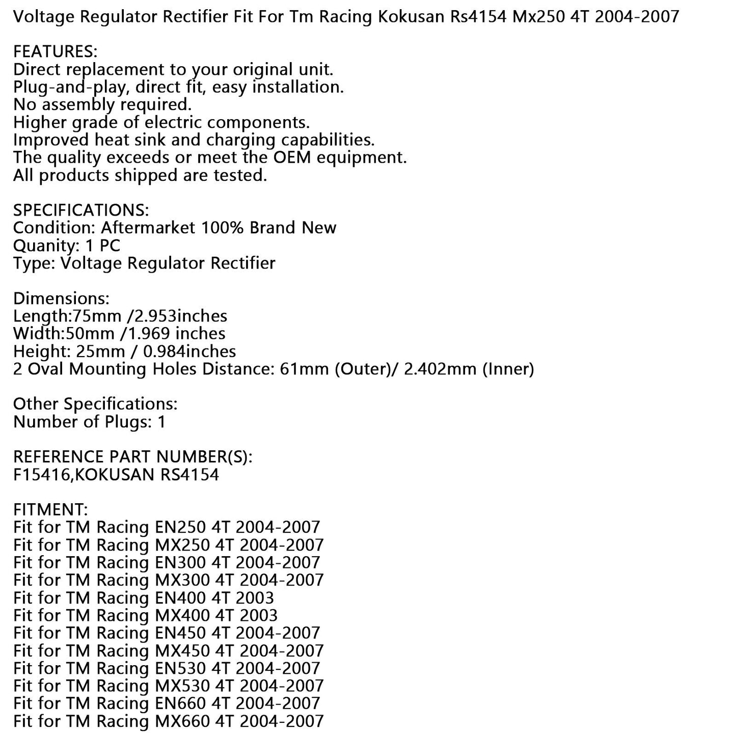 Regulator Rectifier Fit For Tm Racing F15416 En250 4T 2004-2007 En400 4T 2003