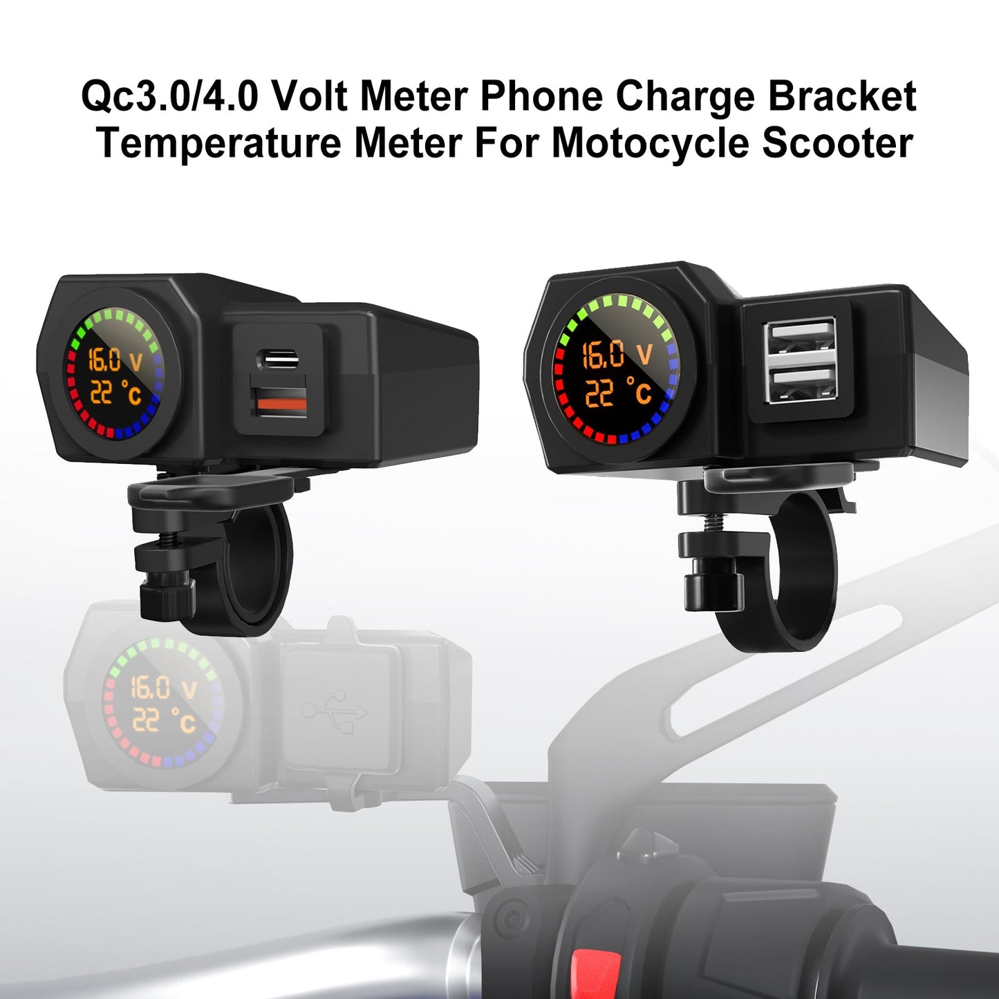 Qc3.0 Volt Meter Phone Charge Bracket Temperature Meter Black A For Moto Scooter