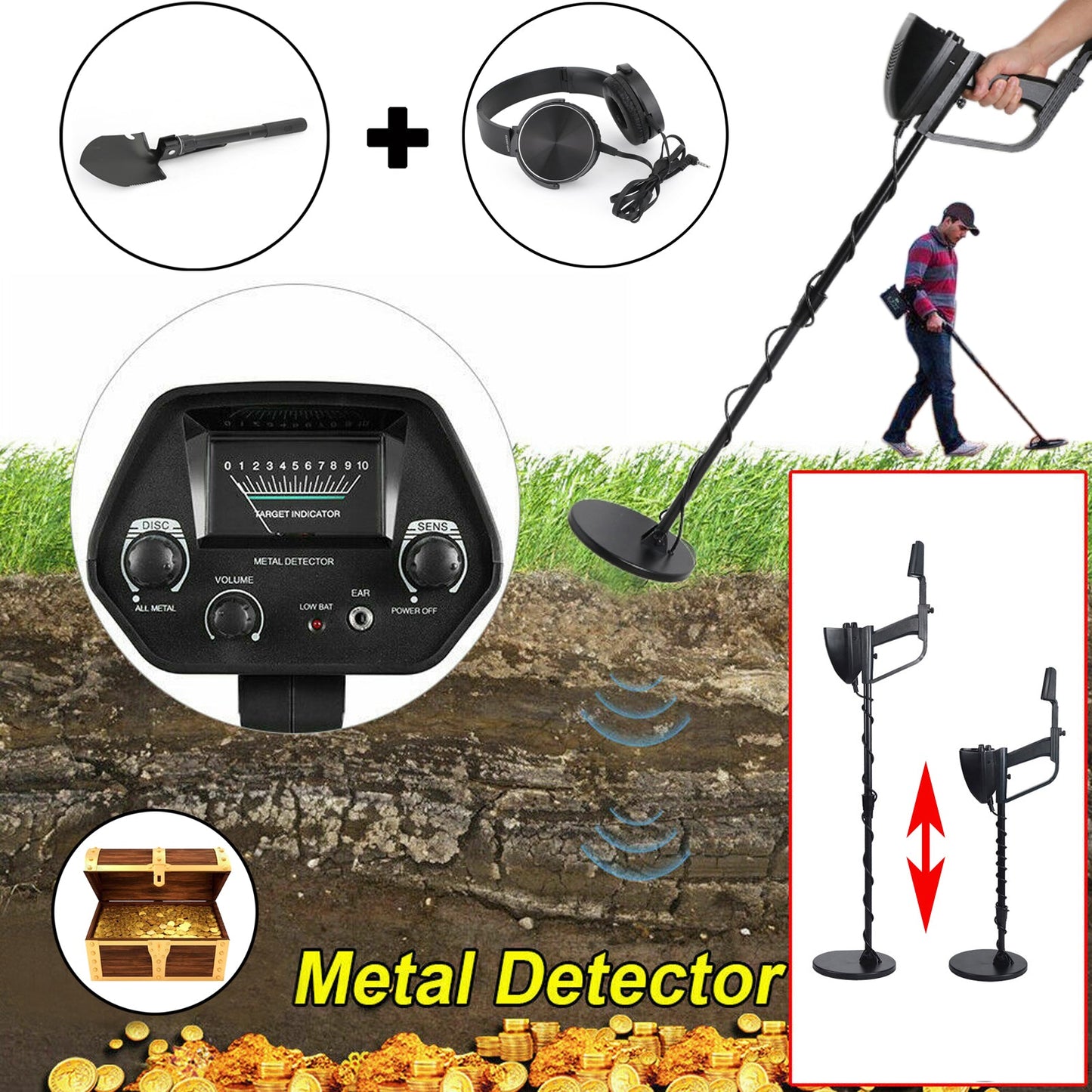 7.8" Hunter Deep Sensitive Metal Detector + Shovel + Earphone Waterproof