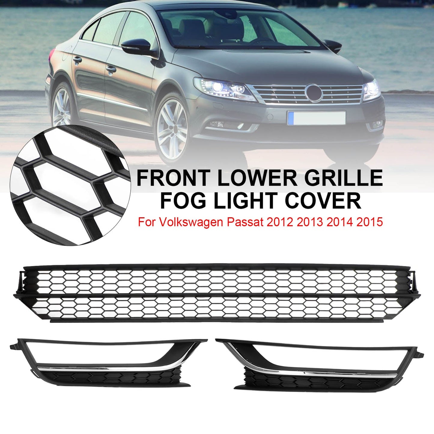VW Passat 2012-2015 Front Lower Grille Grill Fog Light Cover Black & Chrome