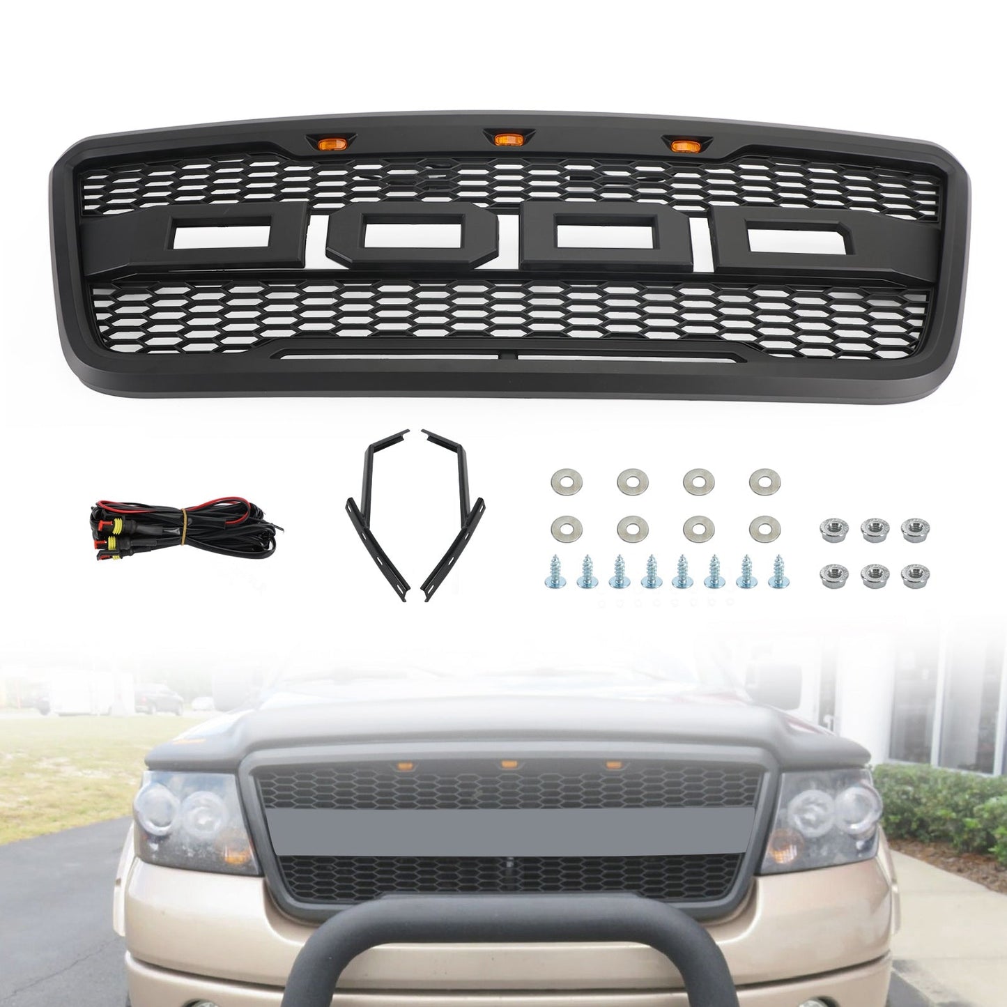 Front Mesh Hood Grill Grille For Ford F150 2004-2008 Raptor Style With LED