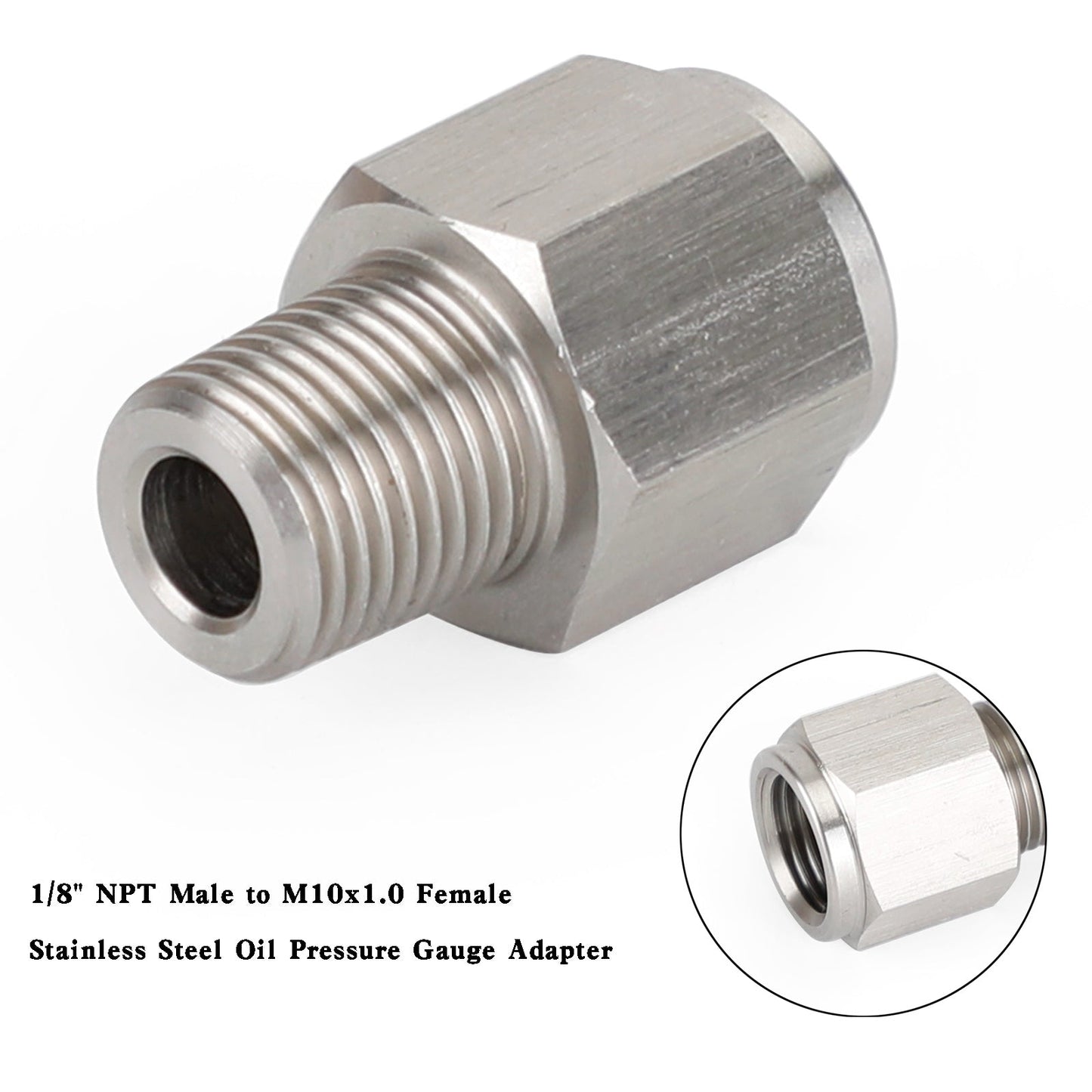 1/8" NPT Male to M10x1.0 Female Stainless Steel Oil Pressure Gauge Adapter