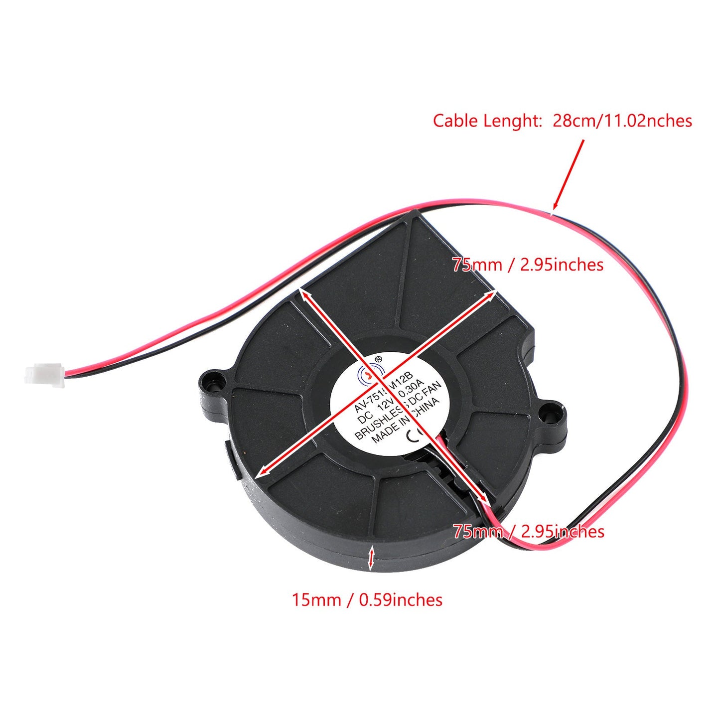 1Pc Brushless DC Cooling Blower Fan 12V 0.3A 7515B 75x75x15mm 2 Pin Wire