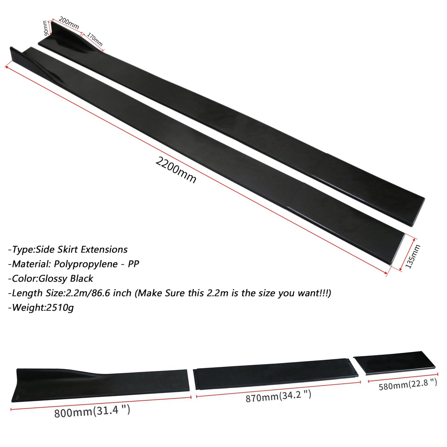 86.6" Universal Side Skirt Extensions Rocker Panel Splitters Lip Polypropylene