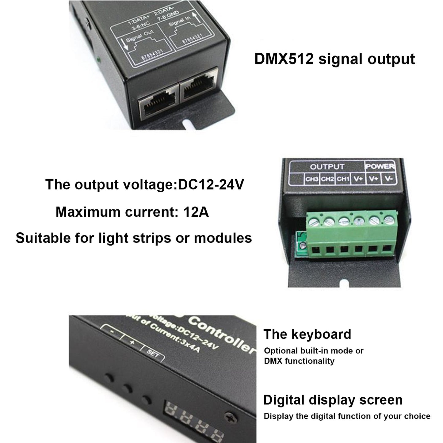 LED RGB DMX512 Decoder Controller DC12-24V 3x4A 12A 3 Channel Digital PWM Dimmer