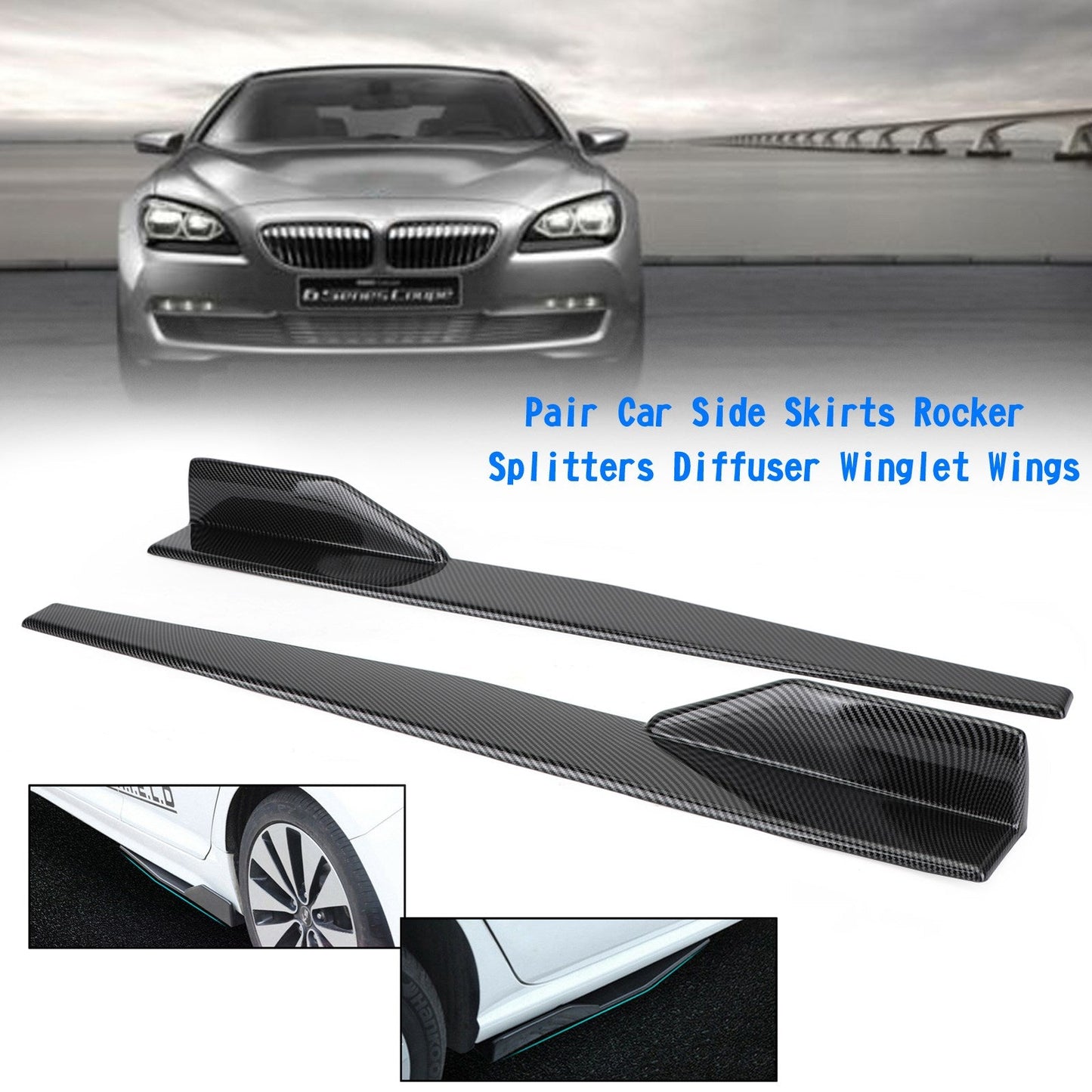 Pair 45cm Car Carbon Fiber Side Skirts Rocker Splitters Diffuser Winglet Wings