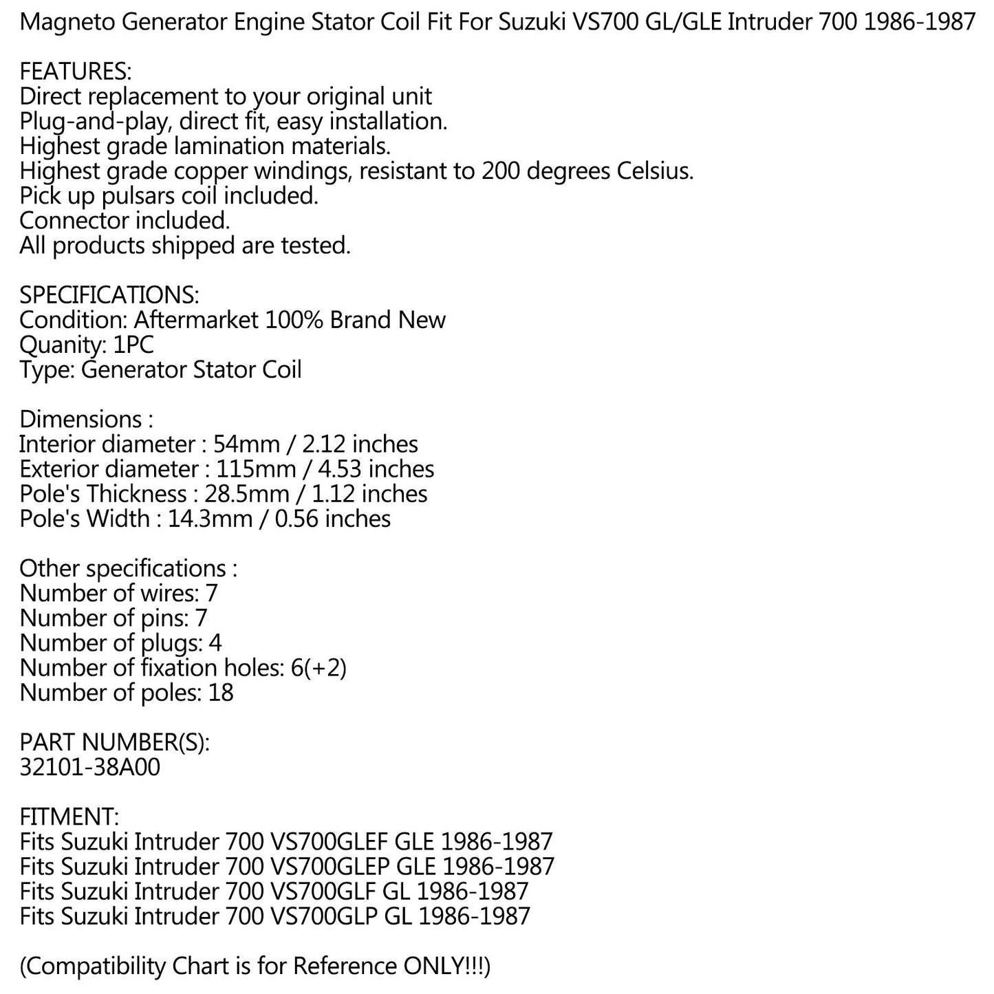 Stator Generator for Suzuki VS700 VS 700GL Intruder 700 1986-1987 32101-38A00