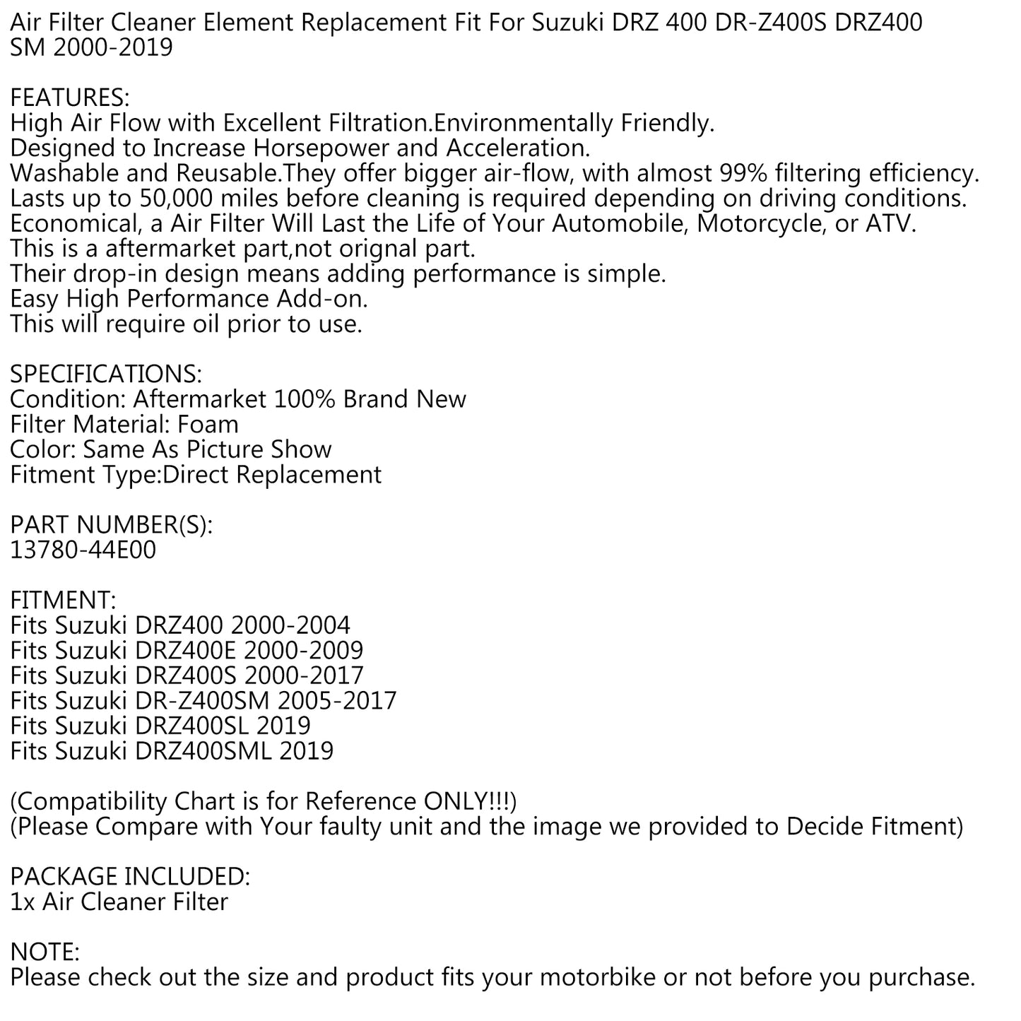 Air Filter Assy for Suzuki DR-Z400S DRZ400E DRZ400SM DRZ400SL 00-19 13780-44E00