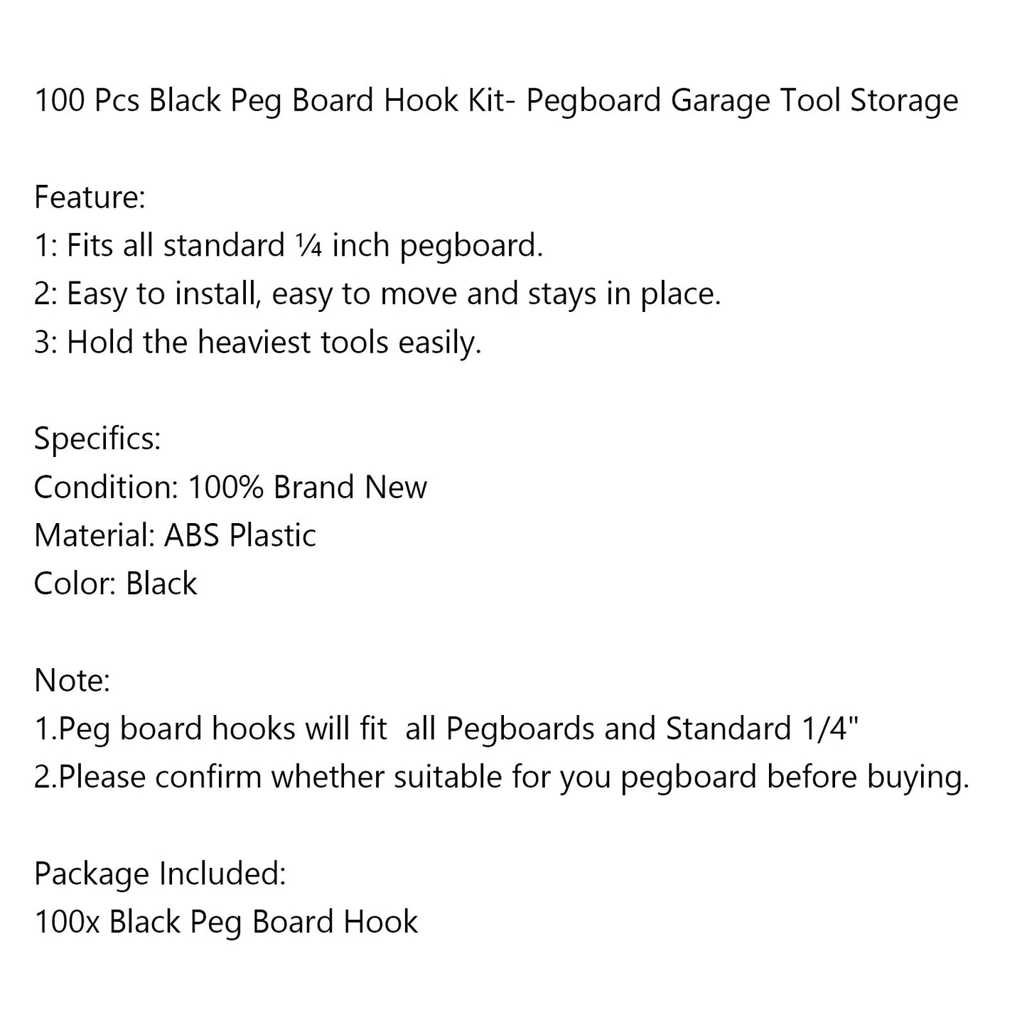 Areyourshop Peg Board Hook Kit Garage Tool Storage Pegboard 100pieces J Hook Locking Plastic