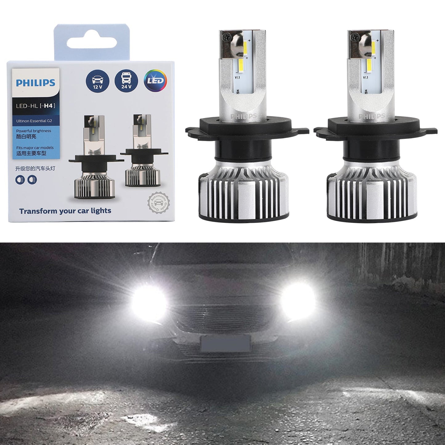 For Philips H4 Led Ultinon Essential Car White Headlight Bulbs 6500K 21W 2Pcs