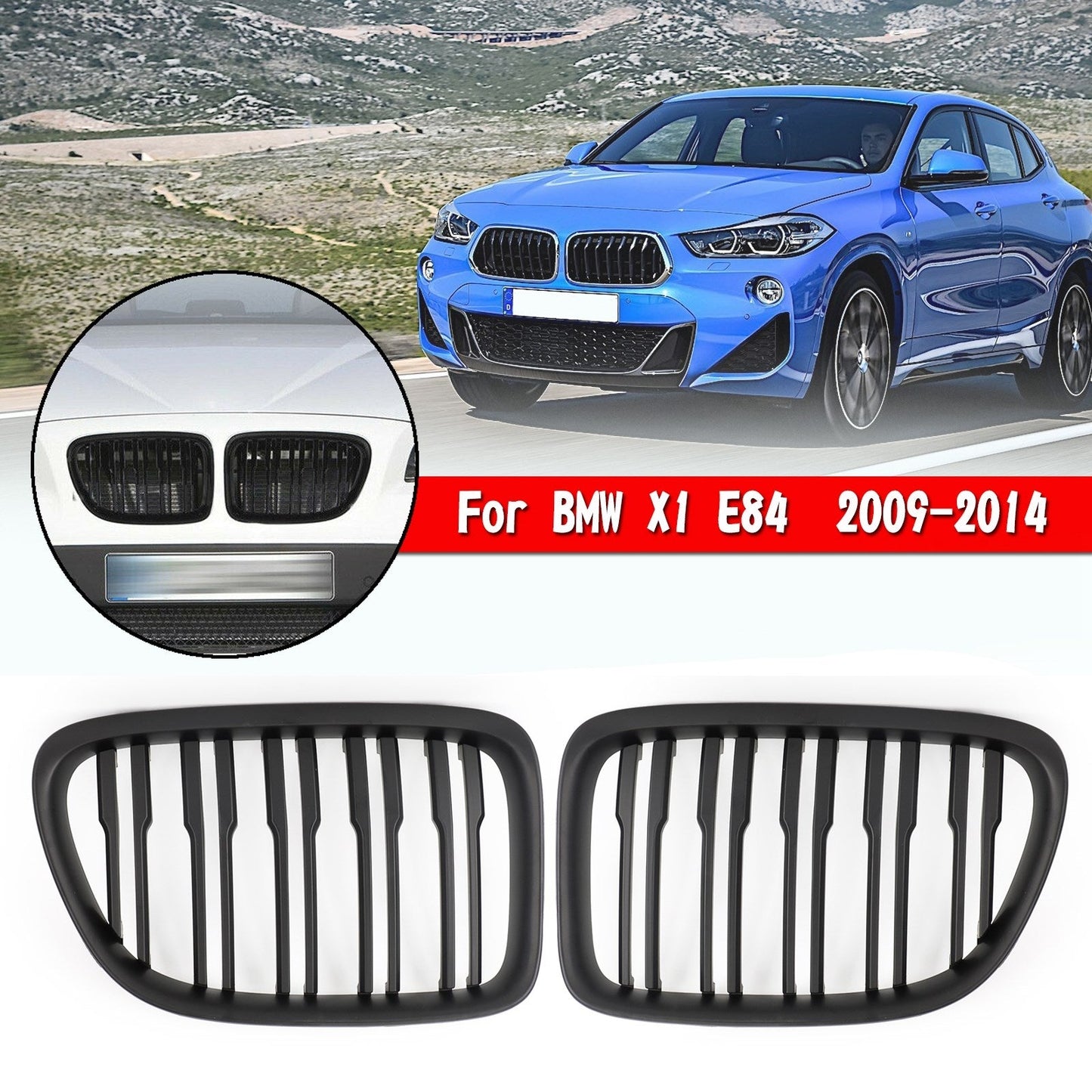 2009-2014 BMW X1 E84 SUV Matt Black Dual Slats Front Hood Kidney Grill Grille