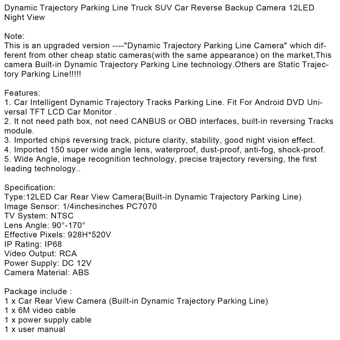 150o Dynamic Trajectory Car Rear View Reverse Backup Parking Camera Night View