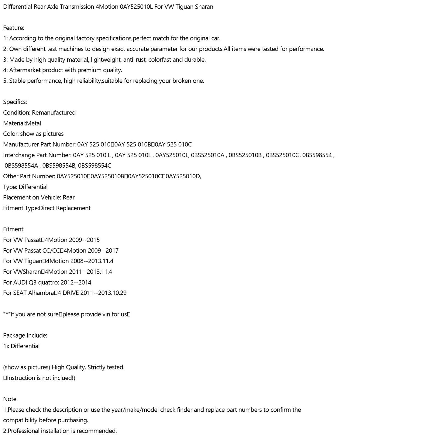 2009-2015 VW Passat 4Motion Differential Rear Axle Transmission 4Motion 0AY525010L