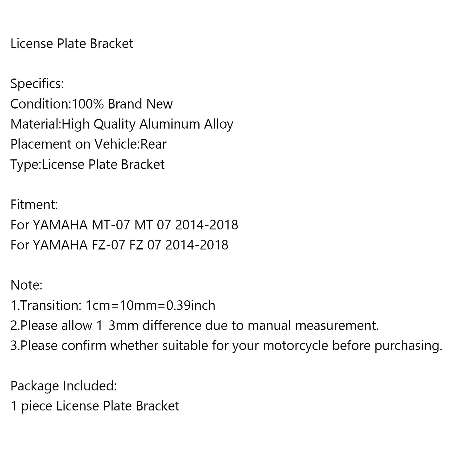 License Plate Bracket For Yamaha MT-07 FZ-07 14-18 BLK