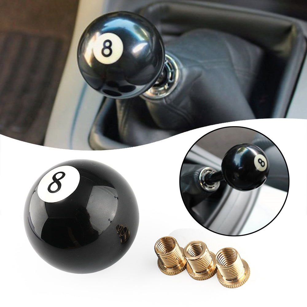 Universal No.8 Billiard Ball Gear Shifter Black Round Shift Knob w/ 3 Adapters