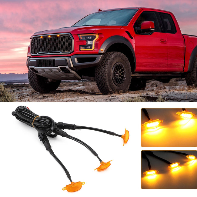 3pcs Amber Lens Amber LED Lamp Raptor Front Grille Running Light fit Ford F-150