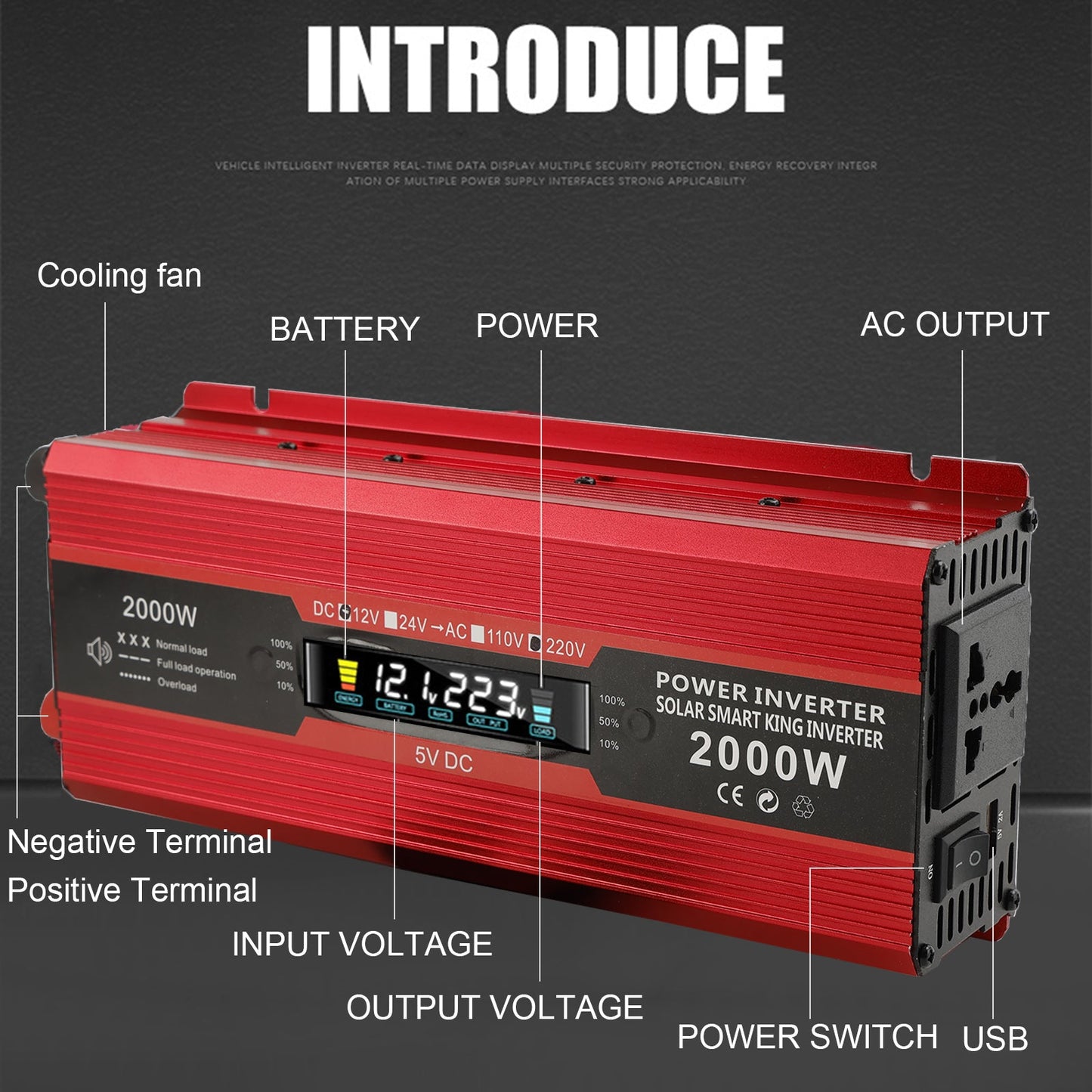 Car Power Converter Inverter DC 12V To AC 220V LCD 2000W Transformer LED Display