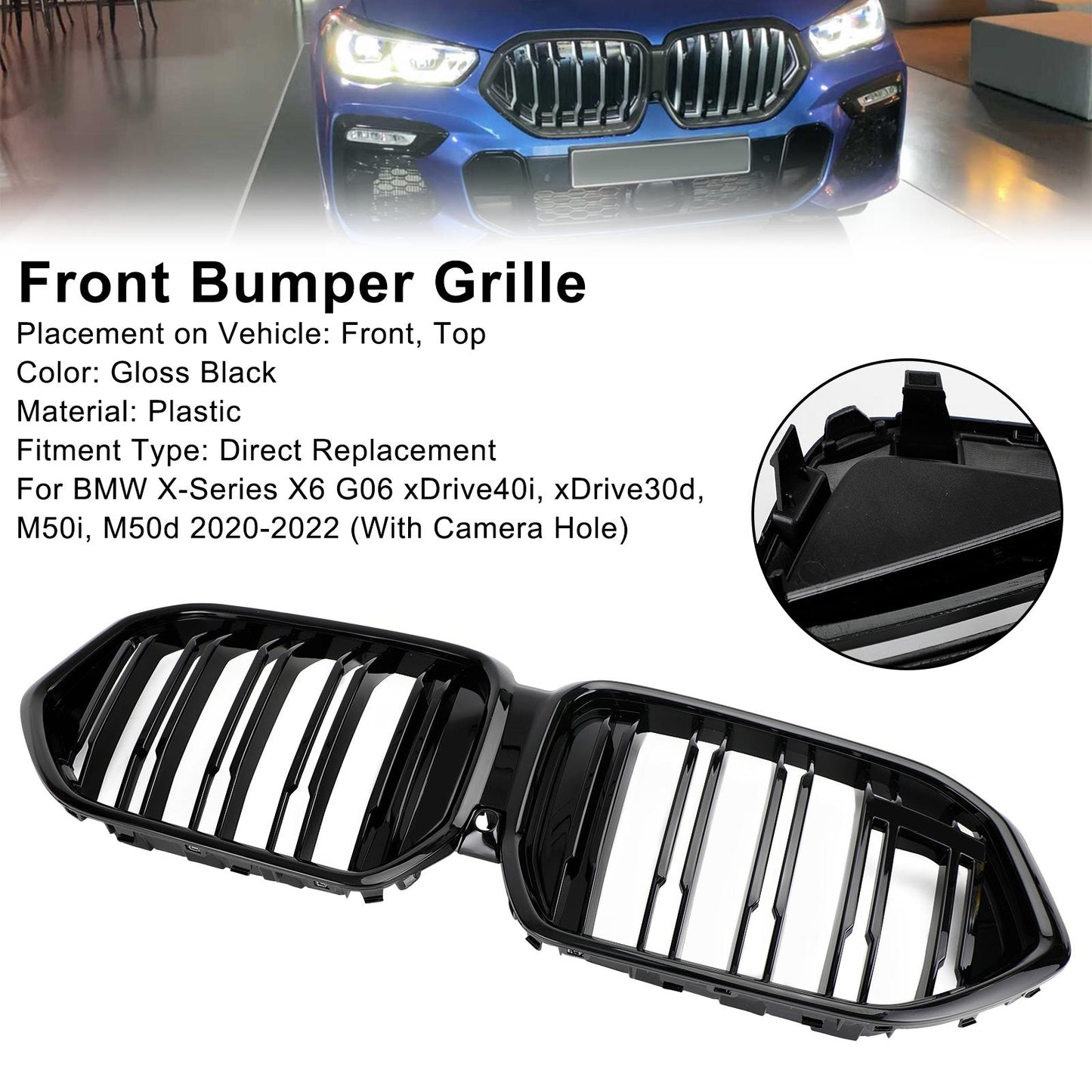 Front Bumper Grille Grill Fit BMW X6 G06 M50i 2020-2022 W/Camera Hole Black