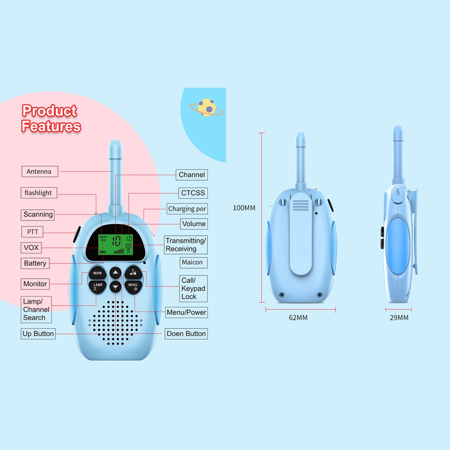 2 Pack Walkie Talkies for Kids Children's Outdoor Toys Radio 3 KM Range Singal