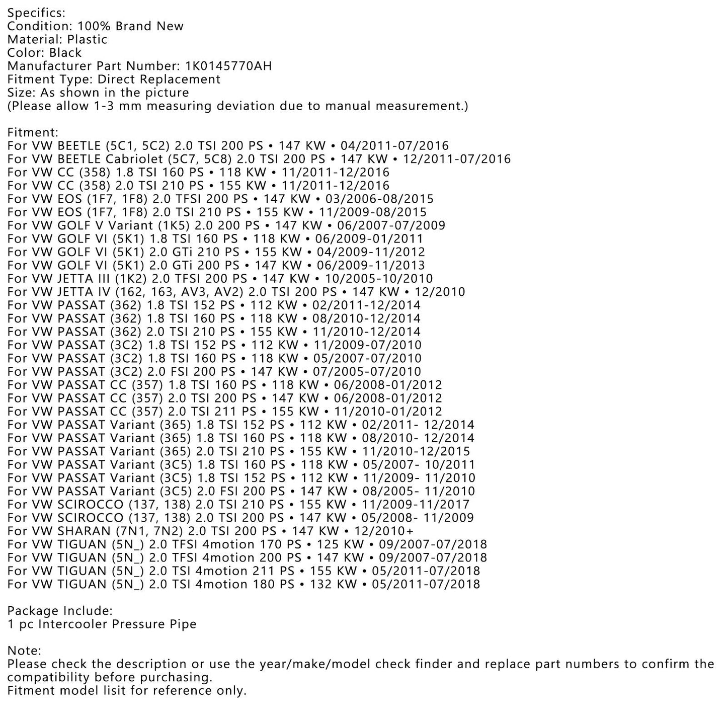 Intercooler Pressure Pipe Fit For VW TIGUAN PASSAT Variant 3C5 362 MK6