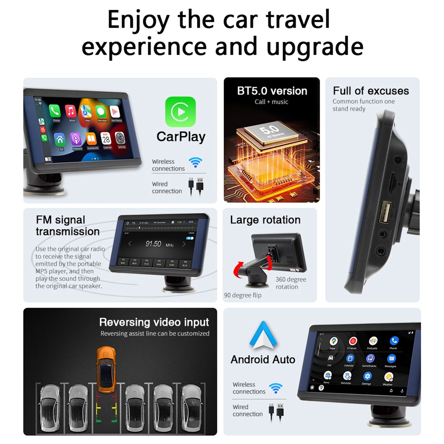 7" Portable Car MP5 Player Bluetooth Monitor Wireless Carplay + 4 LED Camera