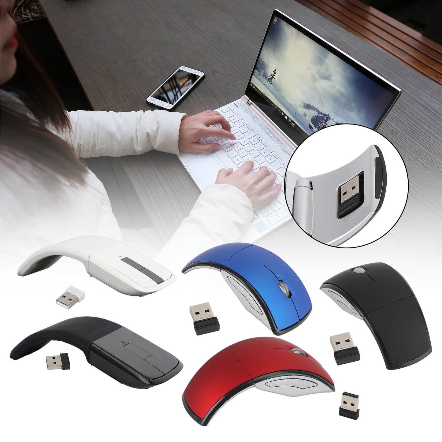 2.4Ghz Wireless Foldable Folding Arc Optical Mouse for Laptop Notebook Black
