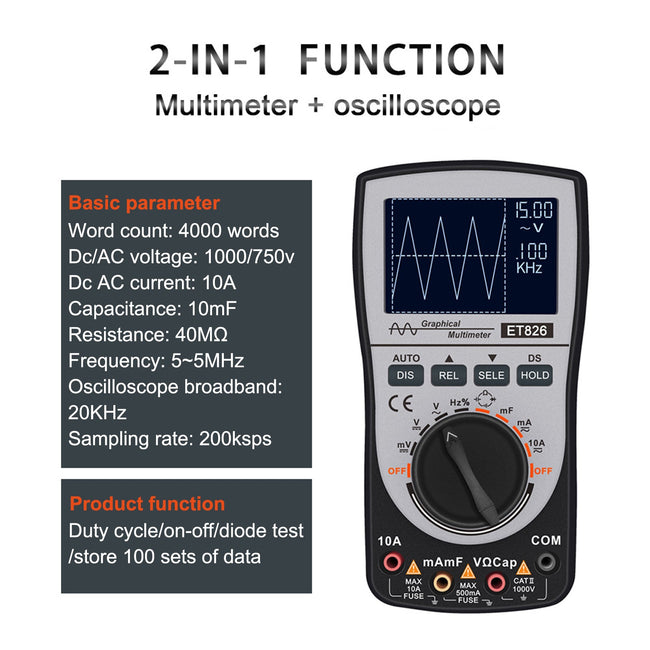 ET826 2 In 1 Digital Intelligent Oscilloscope Multimeter AC/DC Current Voltage