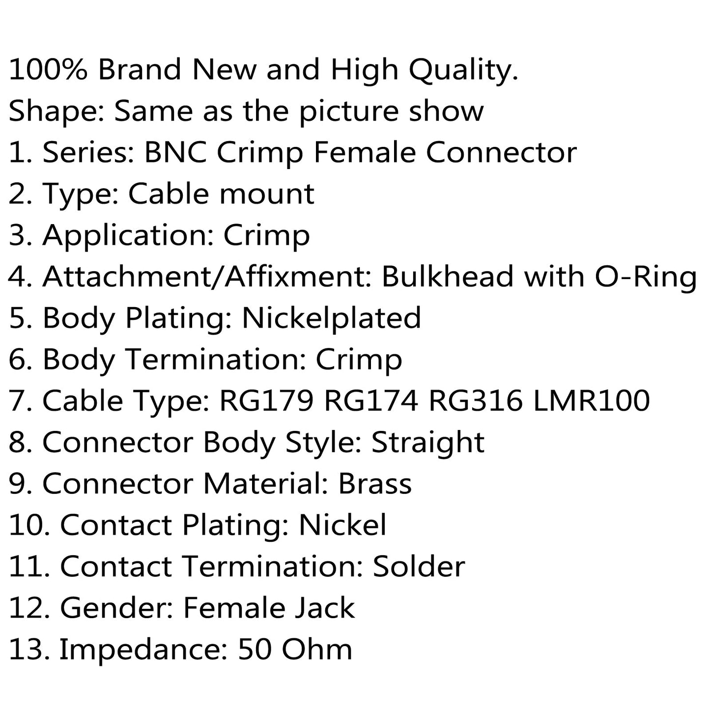 10Pcs BNC Crimp Female Jack Bulkhead O-Ring Coax Connector For RG179 RG174 RG316