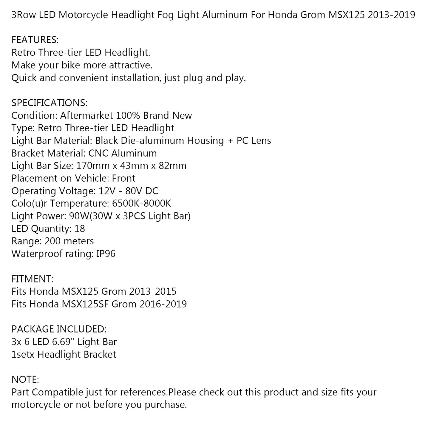 3Row LED Motorcycle Headlight Fog Light Aluminum For Honda MSX125 Grom 2013-2015 MSX125SF Grom 2016-2019 WHI