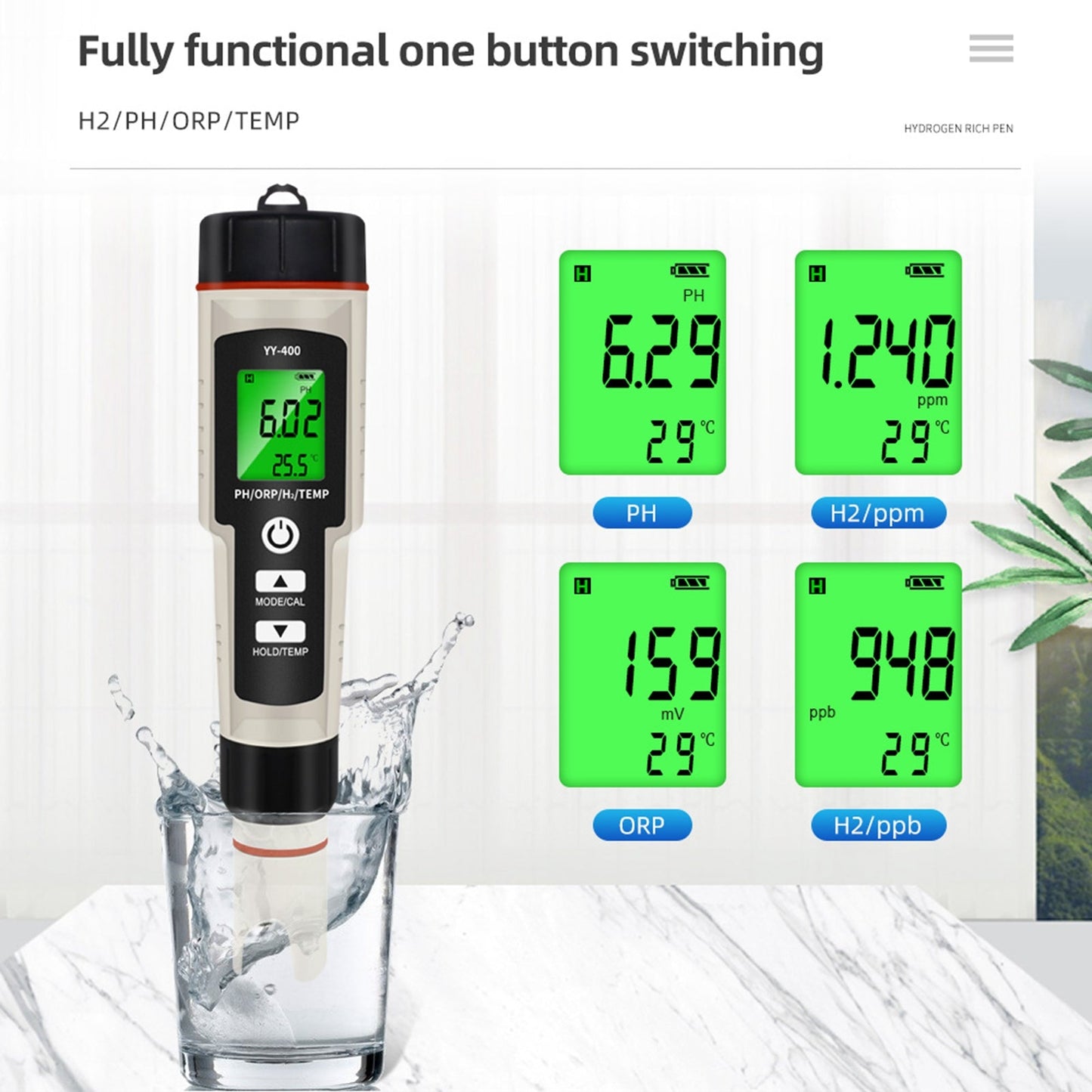 Portable 4 In 1 Hydrogen-Rich Test Pen PH/ORP/TEMP Water Quality Meter Tester