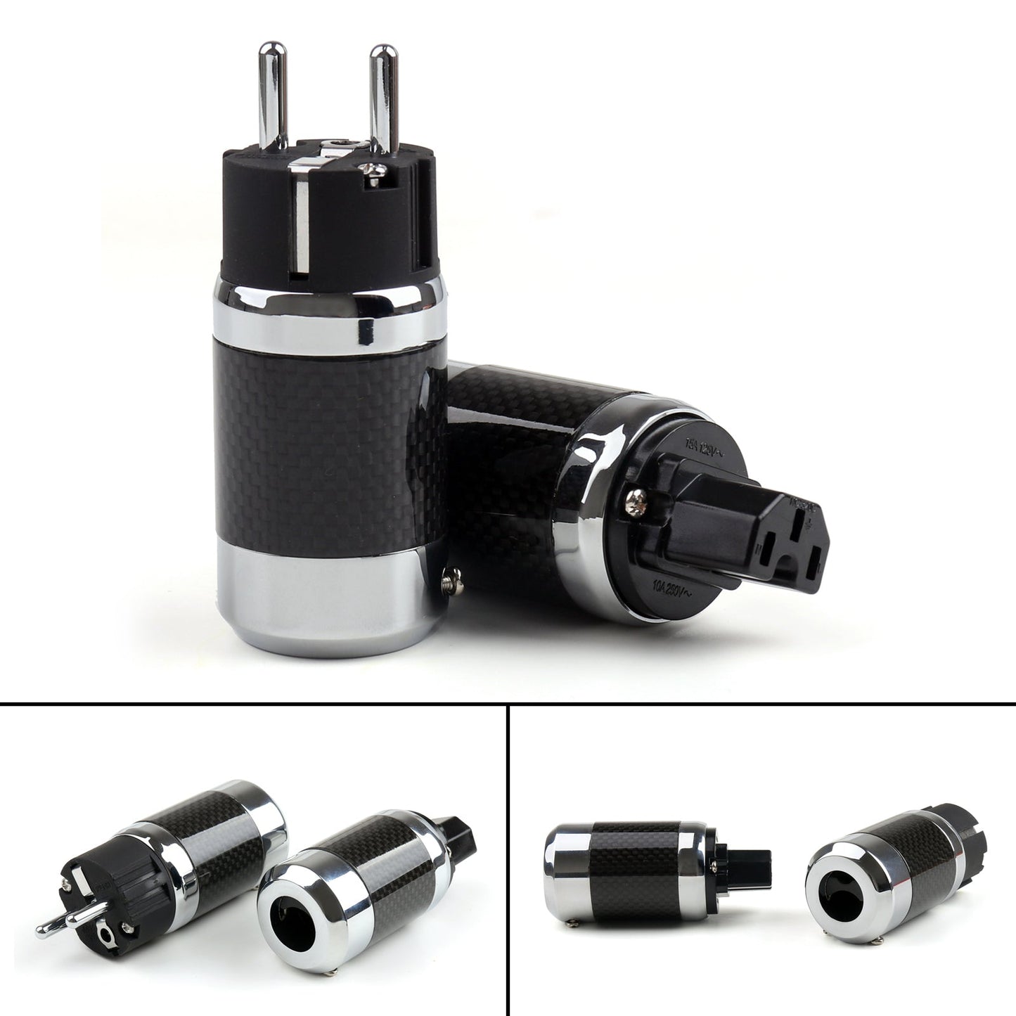 1 Set EU Schuko Copper Rhodium Plated Carbon Fiber AC Power Plug Connector