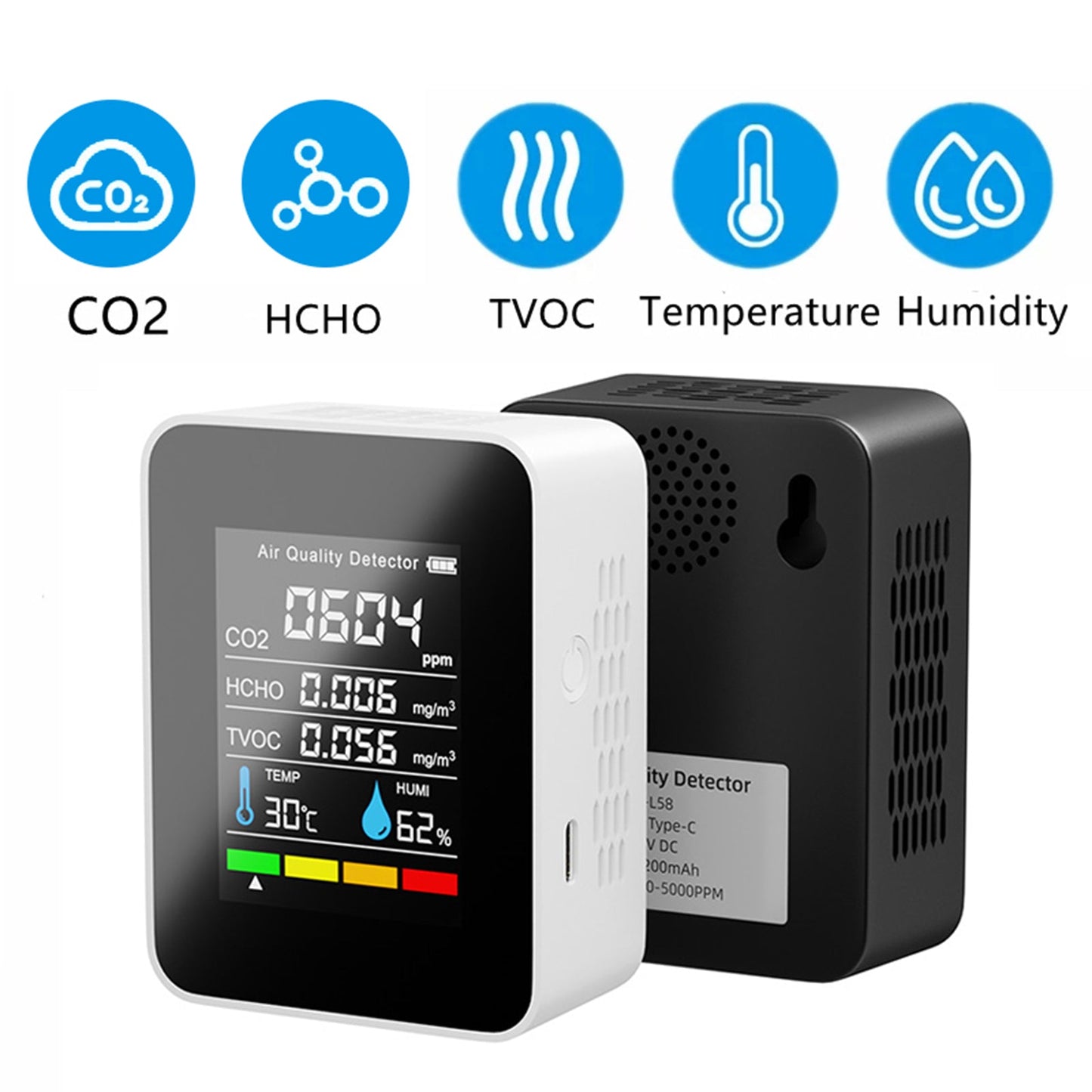 Portable TVOC HCHO CO2 Air Quality Detector Temperature Humidity Tester Monitor