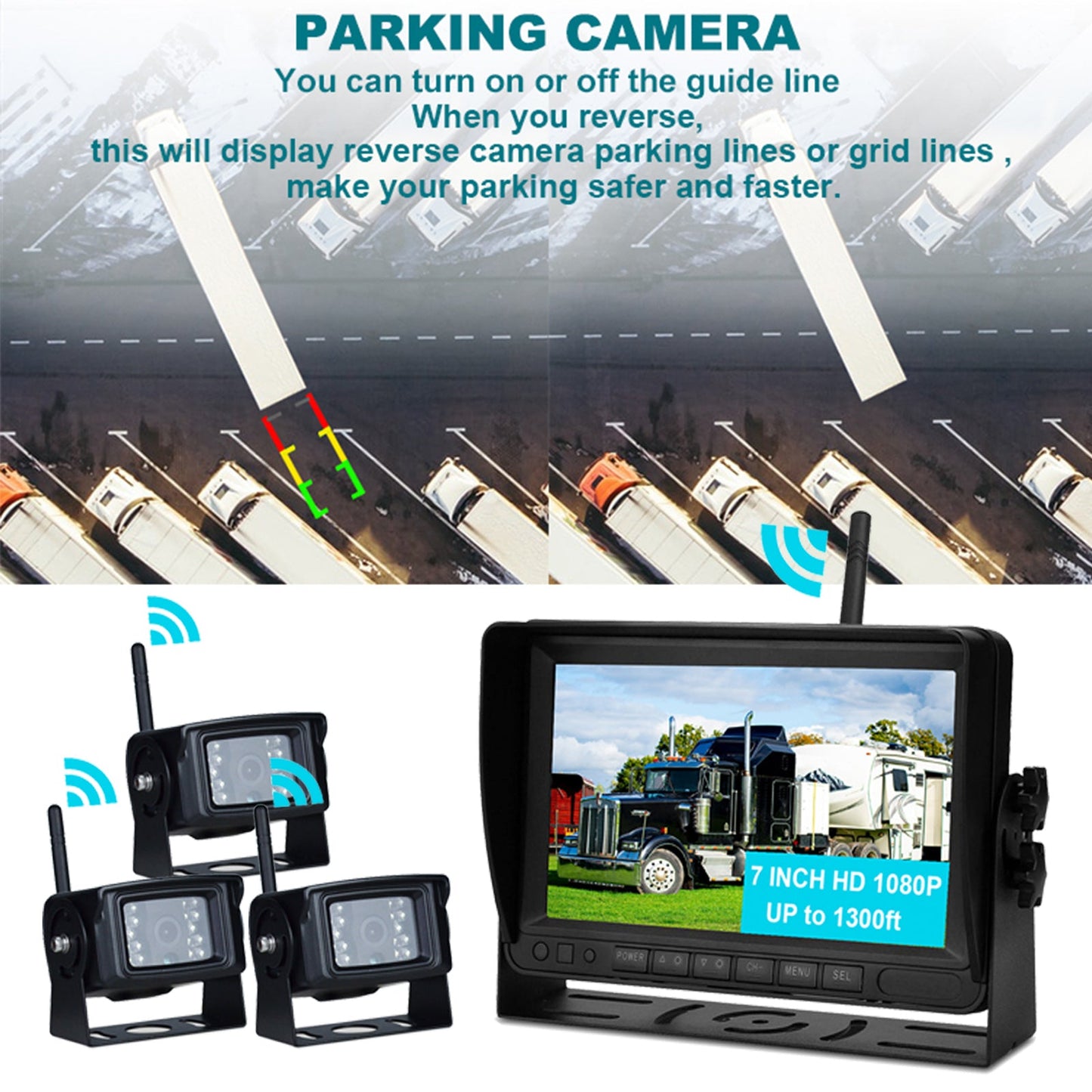 7" Display AHD 1080P Wireless 3CH Rear View Backup Camera Kit for Truck Trailer