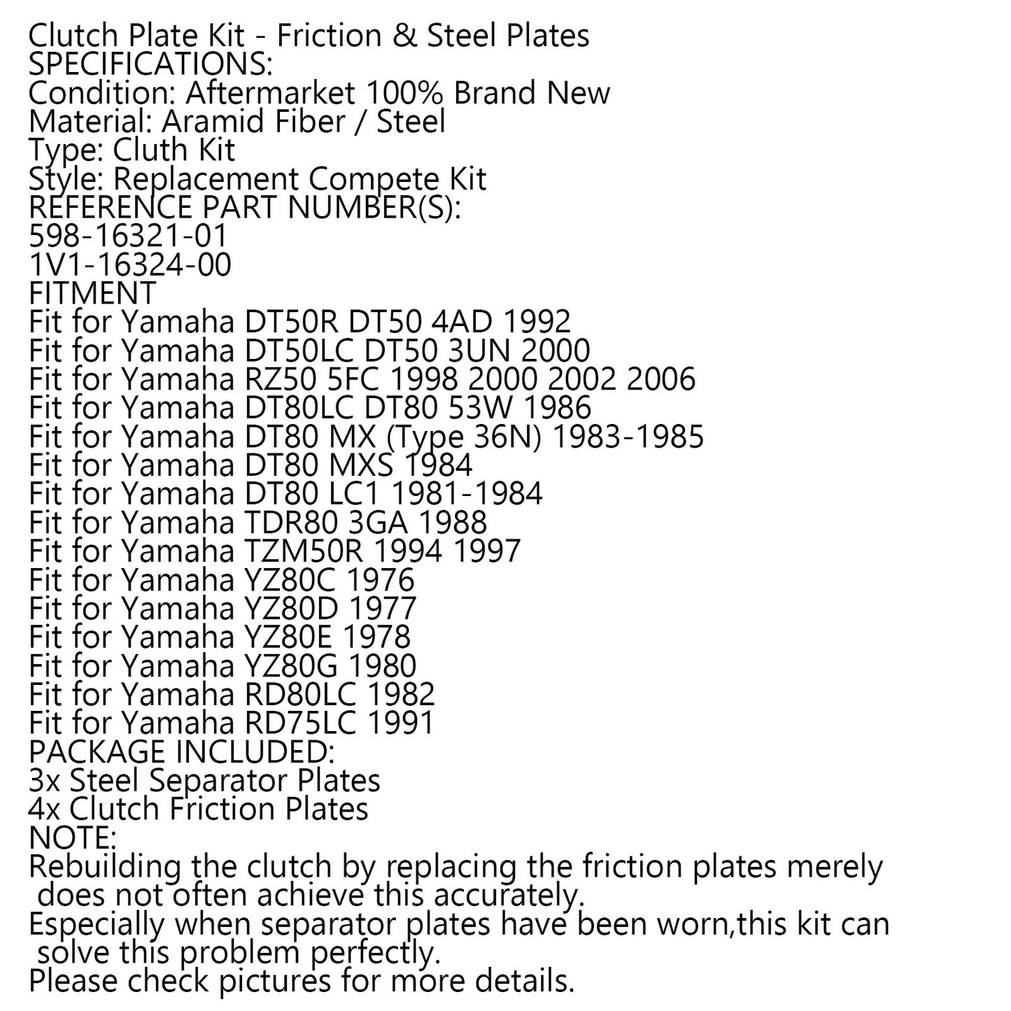 Clutch Plate Kit - Friction & Steel Plates For Yamaha DT50R DT50 4AD DT50LC DT50 3UN DT80 TDR80 YZ80C/D/E/G RD80LC RD75LC