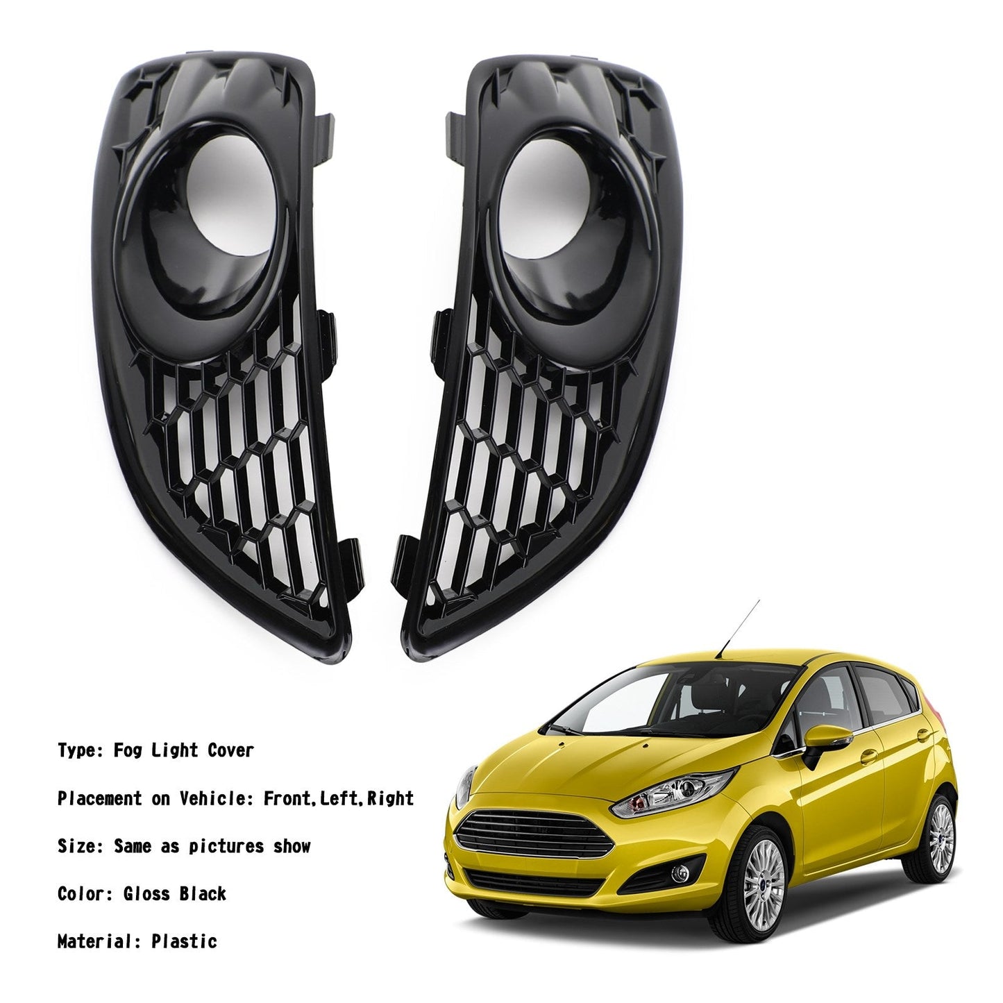 Pair Grille Gloss Black Front Fog Light Lamp Cover Fit Ford Fiesta 2013-2017