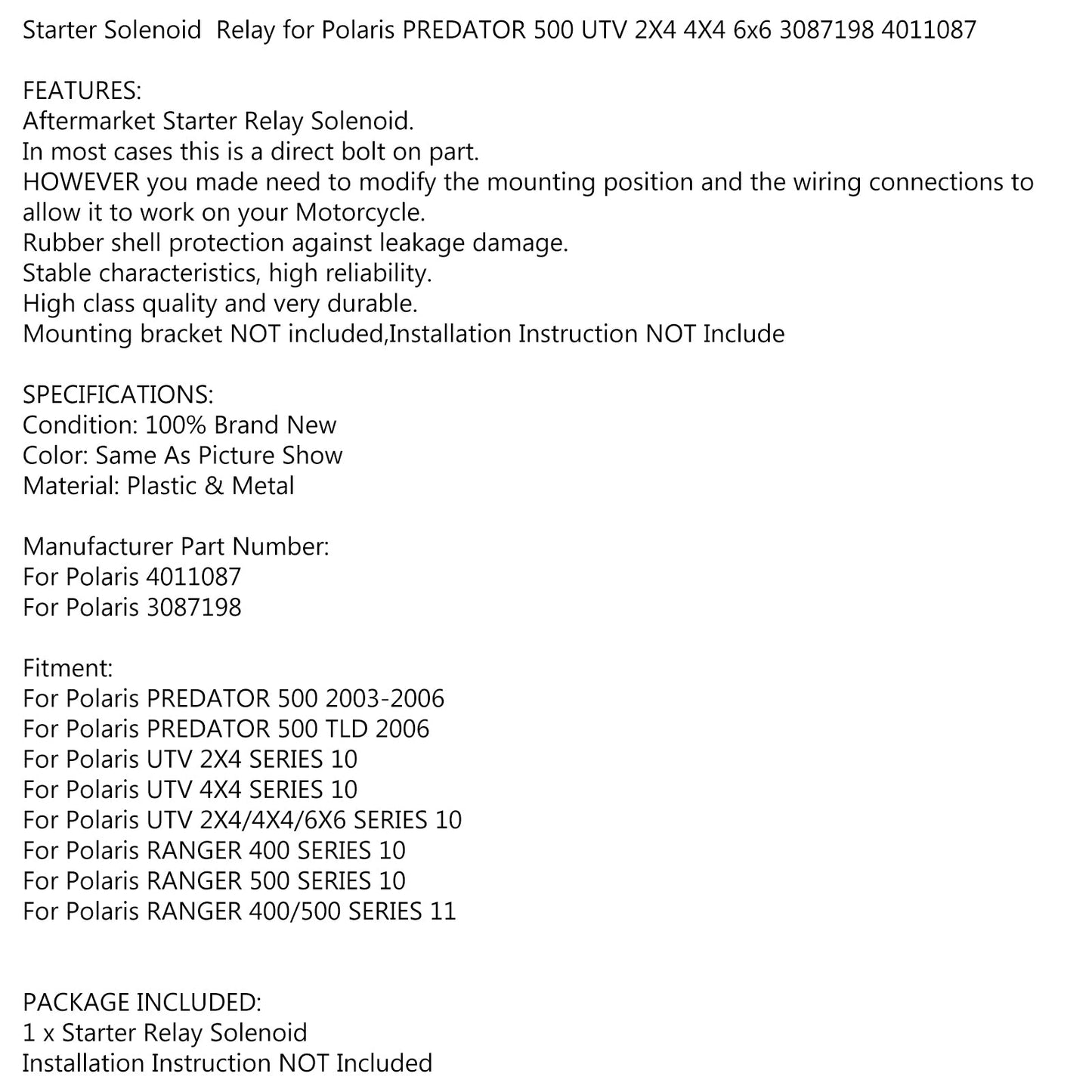 Starter Solenoid Relay Fit For Polaris PREDATOR 500 UTV 2X4 4X4 6x6 3087198 4011087