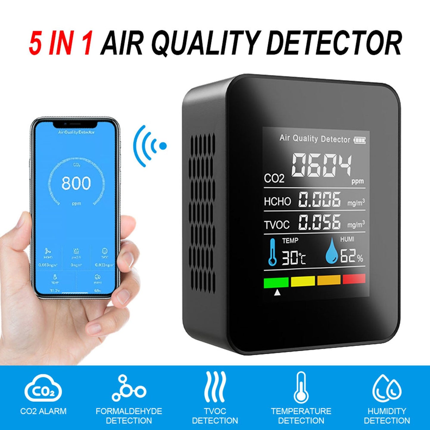 Portable TVOC HCHO CO2 Air Quality Detector Temperature Humidity Tester Monitor