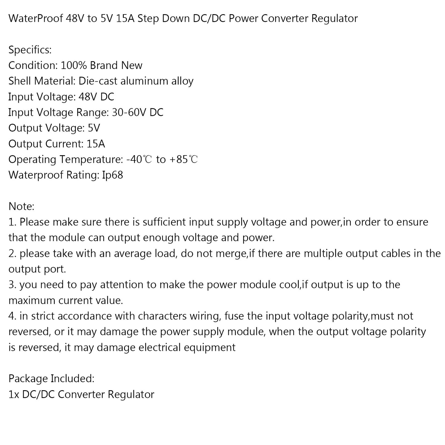 Areyourshop WaterProof 48V to 5V 15A Step Down DC/DC Power Converter Regulator