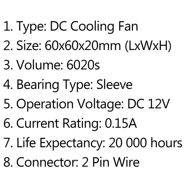 1Pcs DC Brushless Cooling PC Computer Fan 12V 6020s 60x60x20mm 0.15A 2 Pin Wire