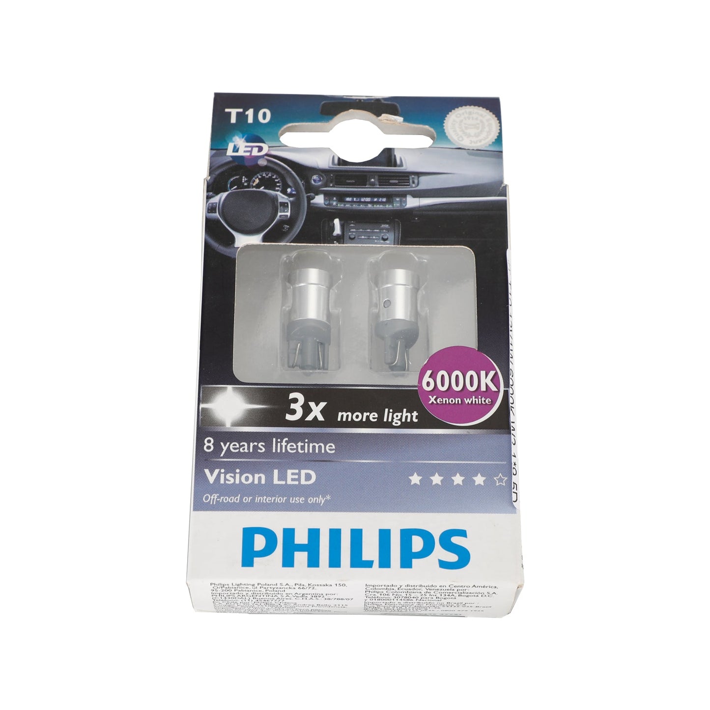 For Philips 129346000KX2 Car Xenon White Vision LED T10 12V1W W2.1*9.5D