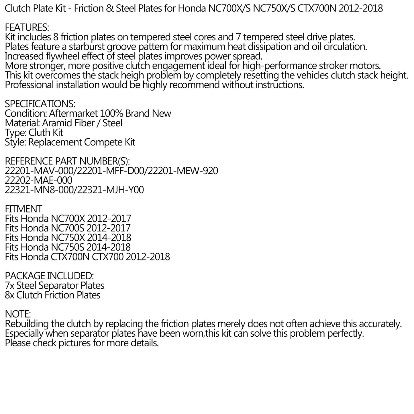 Clutch Plate Kit - Friction & Steel Plates For Honda NC700X/S 12-17 NC750X/S 14-18 CTX700N 12-18