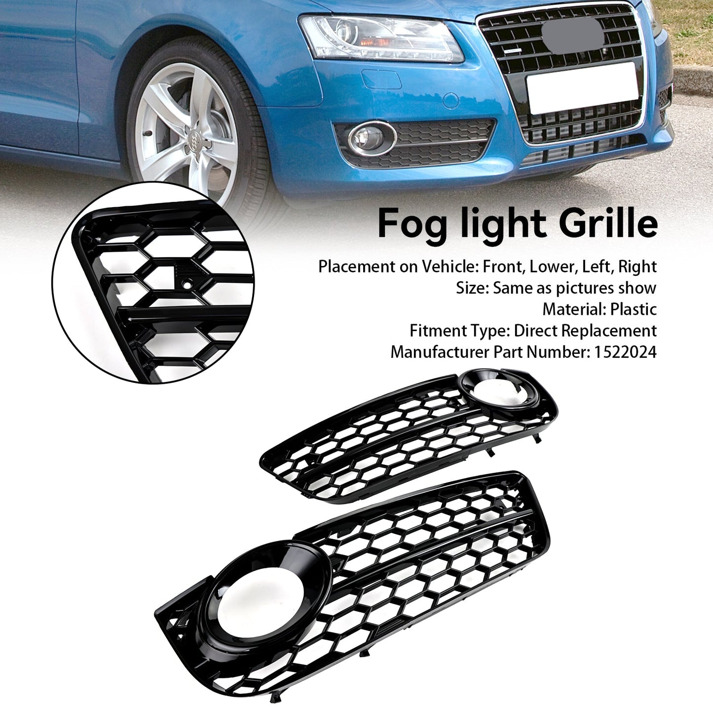 2007-2011 Audi A5 Pair Honeycomb Front Fog Lamp Cover Grille Grill