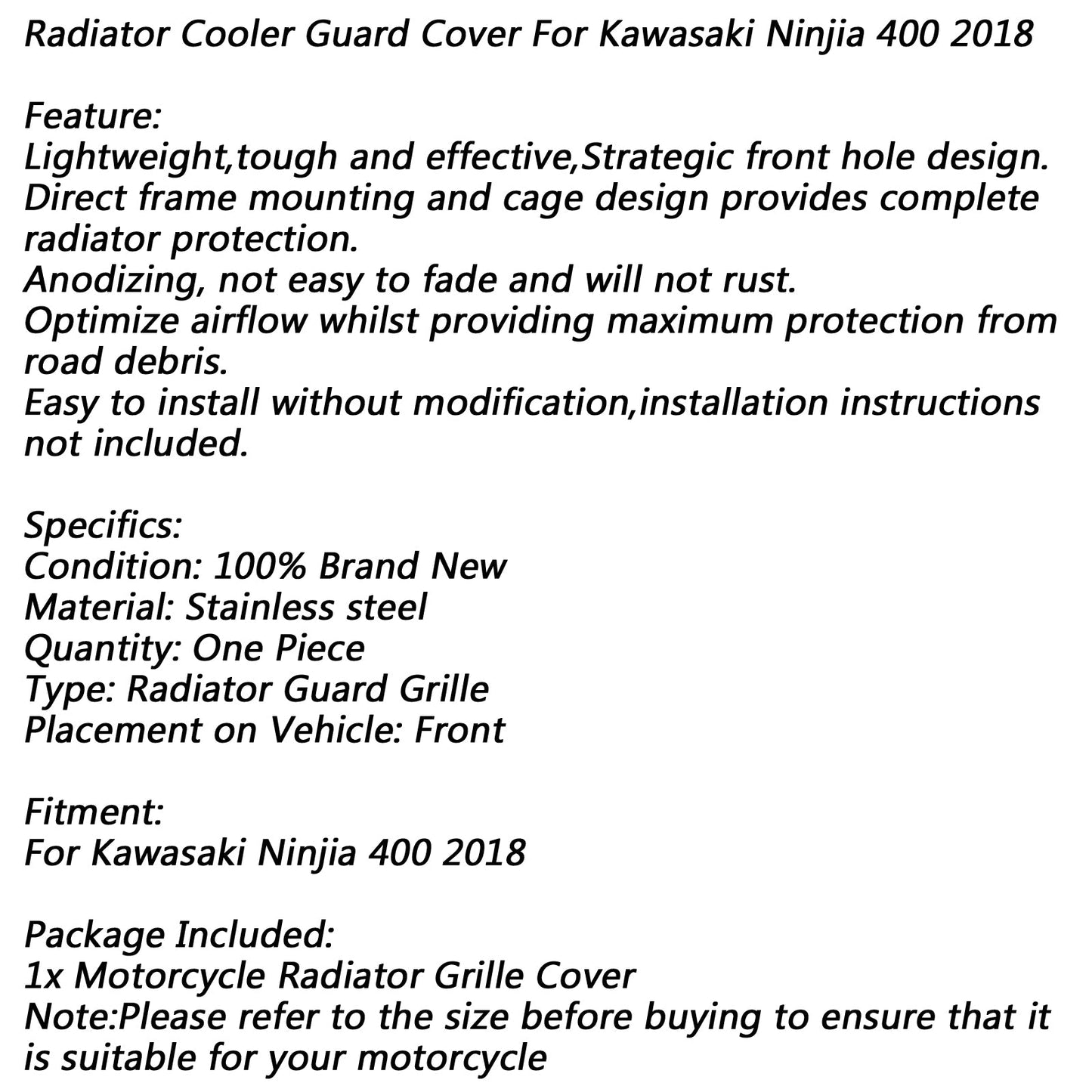 Radiator Cooler Grille Guard Cover Protector For Kawasaki Ninjia 400 2018 Black