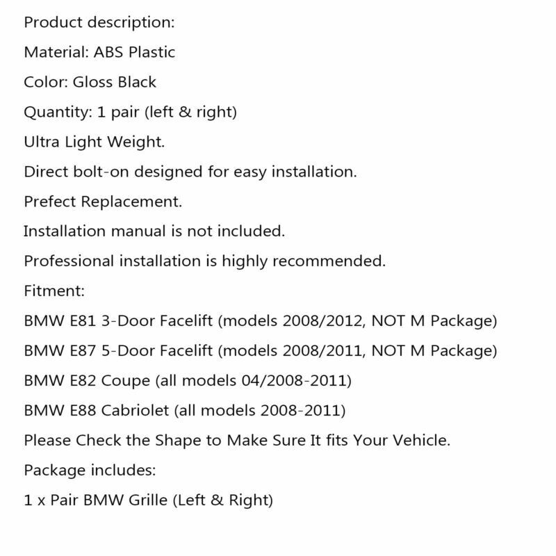 Front Grille For BMW 1 Series E81 E87 E82 E88 128i 135i 08-2012 Gloss Black
