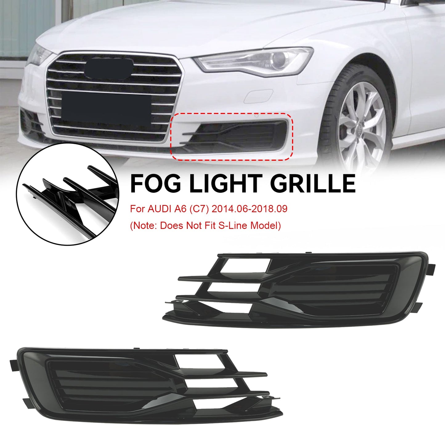 Audi A6 C7 2014-2018 2PCS Front Bumper Foglight Cover Grill Grille Black