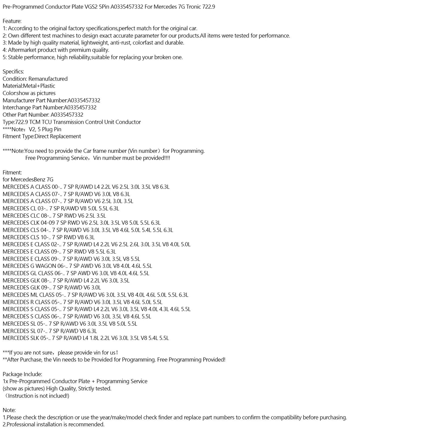 722.9 Mercedes 7G Tronic Pre-Programmed Conductor Plate VGS2 A0335457332